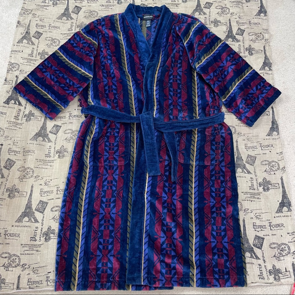 Adolfo Navy/Multi Print Cotton Tie Belt Robe One Size Excellent Condition